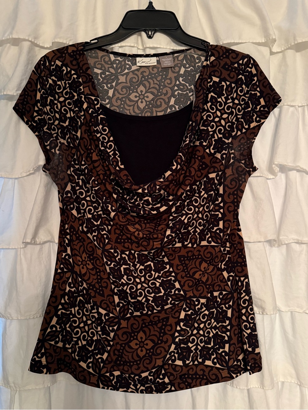 Brown & Black Patterned Draped Neck Short Sleeve Top